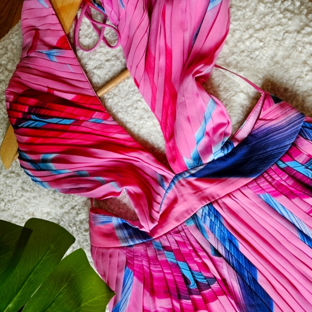 Pink Pleated Skirt with Blue and Purple Accents